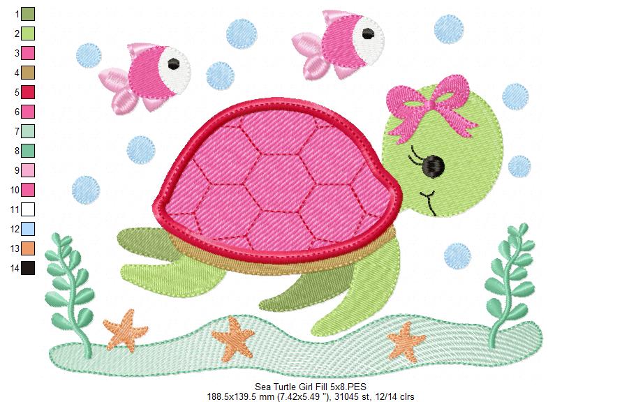 Sea Turtle Boy and Girl - Set of 2 Designs - Fill Stitch Embroidery