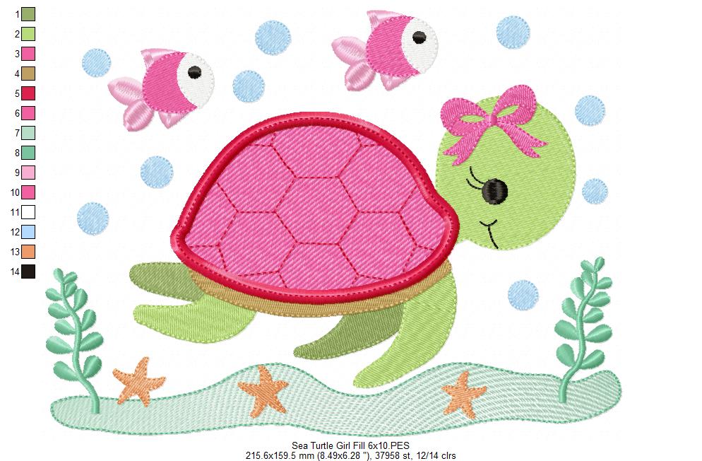 Sea Turtle Girl - Fill Stitch - Machine Embroidery Design