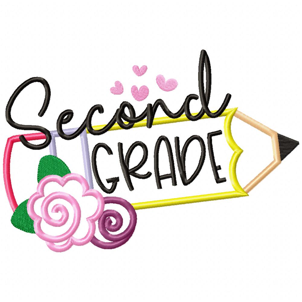 Second Grade Pencil and Flowers - Applique - Machine Embroidery Design