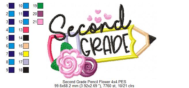 Second Grade Pencil and Flowers - Applique - Machine Embroidery Design