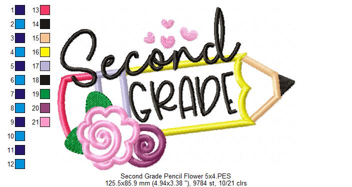 Second Grade Pencil and Flowers - Applique - Machine Embroidery Design