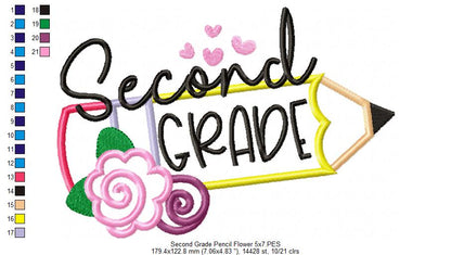 Second Grade Pencil and Flowers - Applique - Machine Embroidery Design