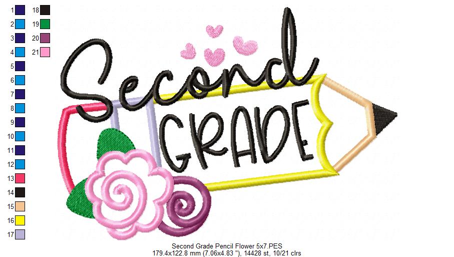 Second Grade Pencil and Flowers - Applique - Machine Embroidery Design