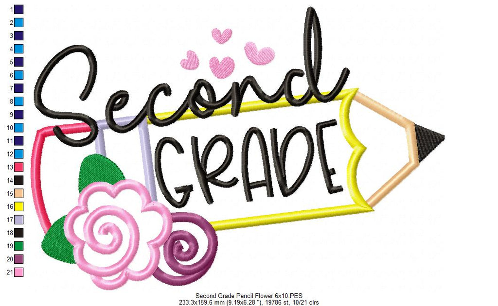 Second Grade Pencil and Flowers - Applique - Machine Embroidery Design