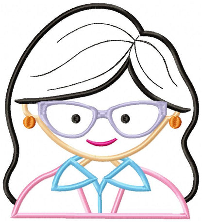Cute Office Girl with Glasses - Appliqué - Machine Embroidery Design