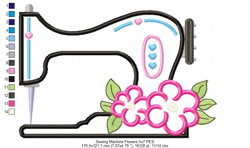 Vintage Sewing Machine and Flowers - Applique - Machine Embroidery Design
