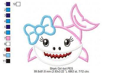 Cute Shark Girl – Appliqué – Machine Embroidery Design