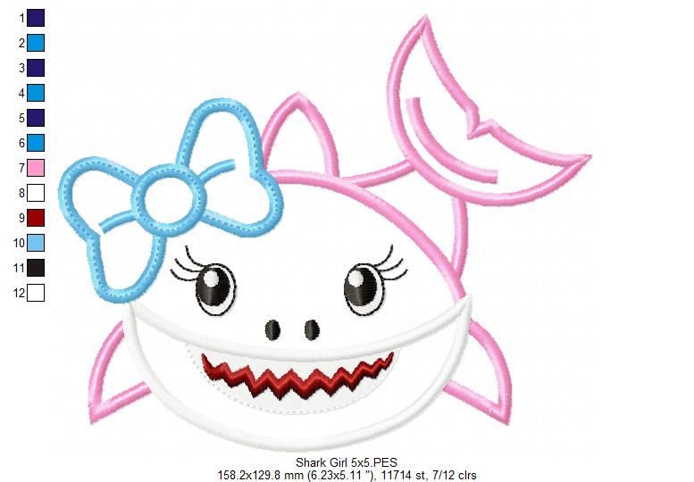 Cute Shark Girl – Appliqué – Machine Embroidery Design