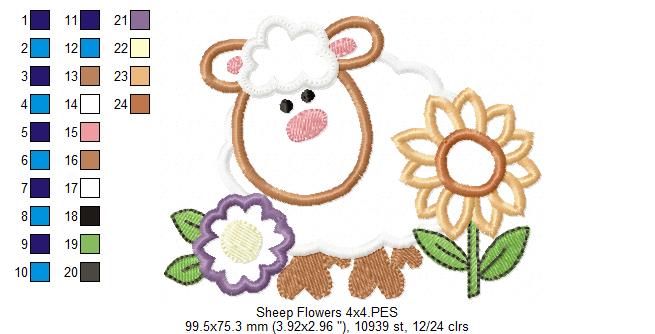 Farm Sheep and Flowers - Applique - Machine Embroidery Design