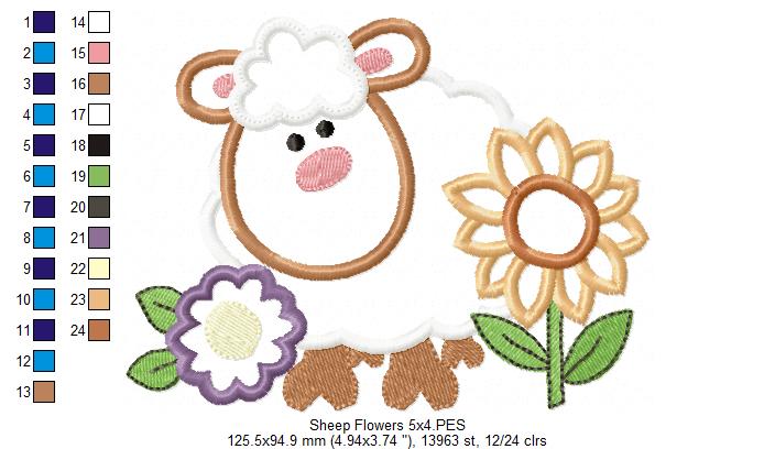 Farm Sheep and Flowers - Applique - Machine Embroidery Design