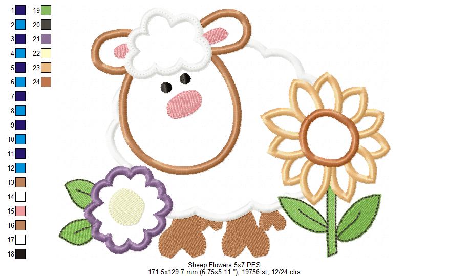 Farm Sheep and Flowers - Applique - Machine Embroidery Design