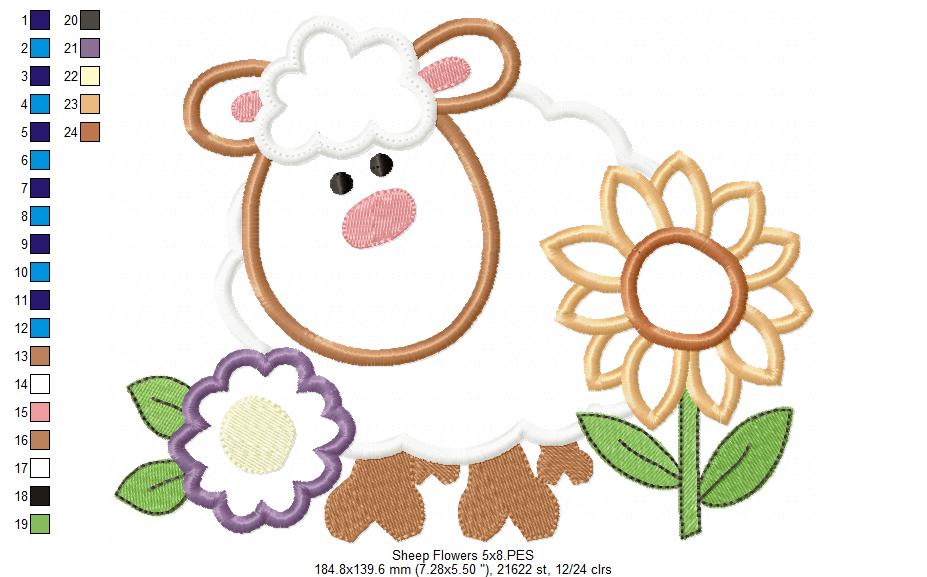 Farm Sheep and Flowers - Applique - Machine Embroidery Design