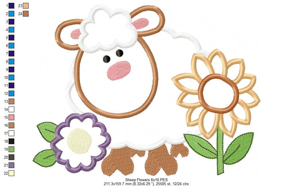 Farm Sheep and Flowers - Applique - Machine Embroidery Design