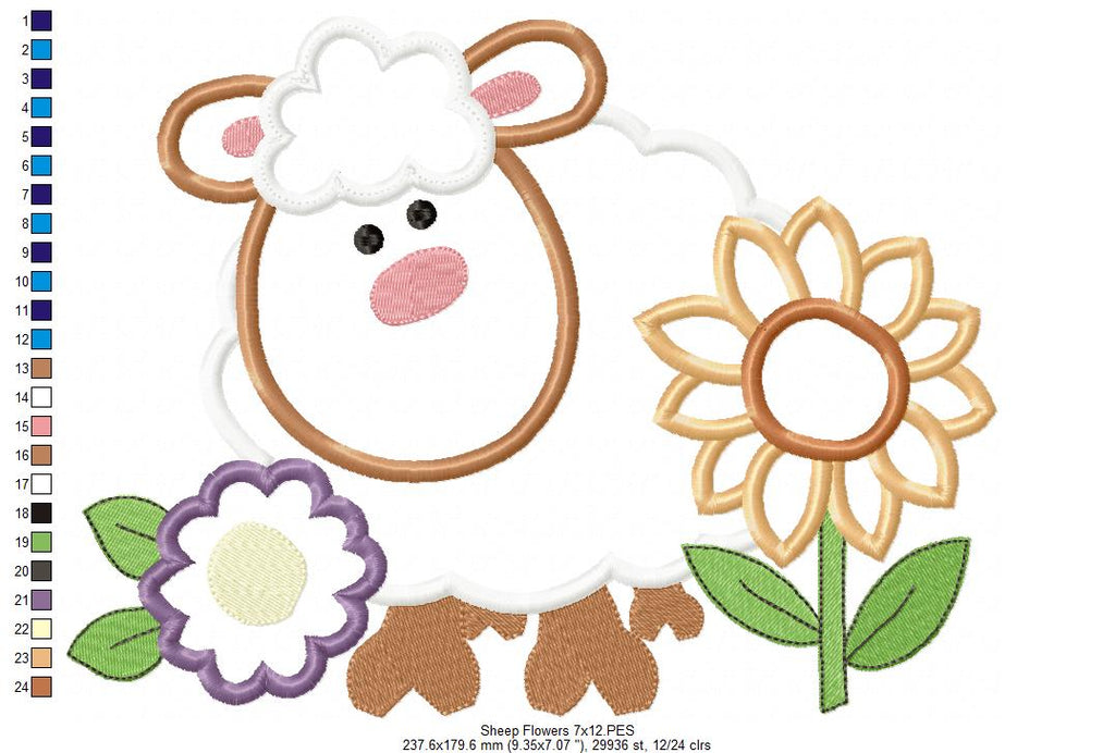 Farm Sheep and Flowers - Applique - Machine Embroidery Design