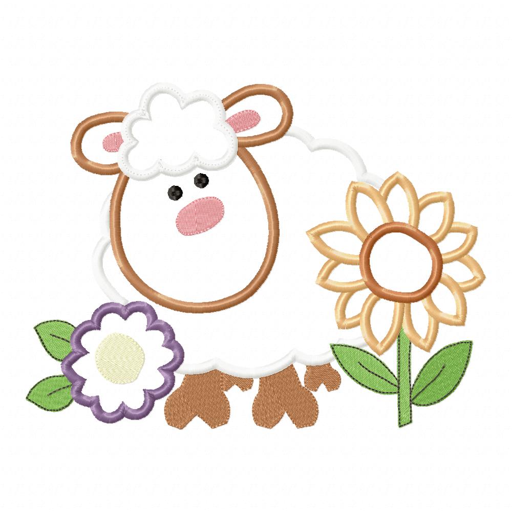 Farm Sheep and Flowers - Applique - Machine Embroidery Design