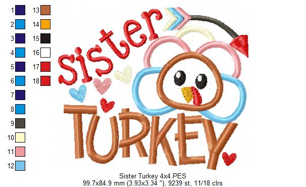 Thanksgiving Sister Turkey - Applique Embroidery