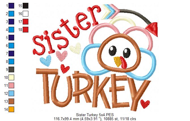 Thanksgiving Sister Turkey - Applique Embroidery