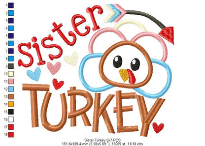 Thanksgiving Sister Turkey - Applique Embroidery
