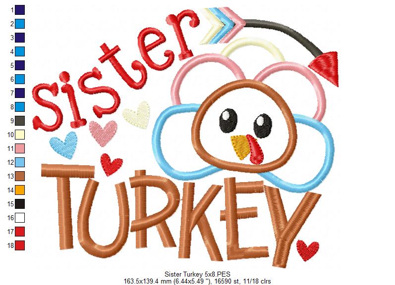 Thanksgiving Sister Turkey - Applique Embroidery