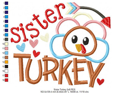 Thanksgiving Sister Turkey - Applique Embroidery