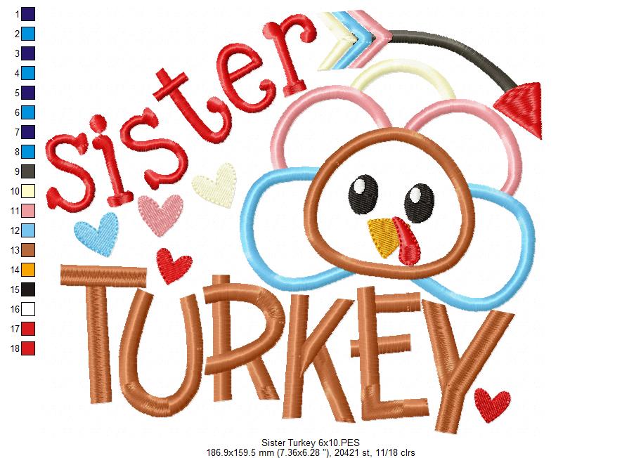Thanksgiving Sister Turkey - Applique Embroidery