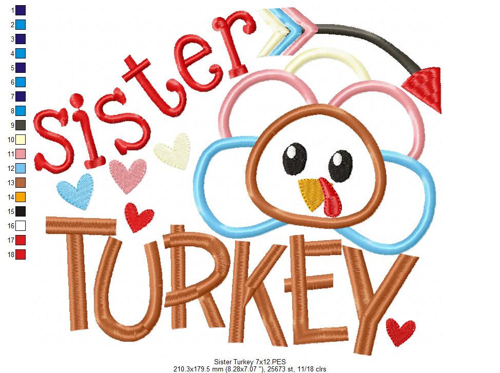 Thanksgiving Sister Turkey - Applique Embroidery