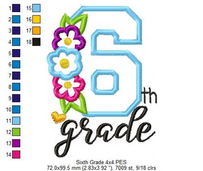 Sixth Grade Flowers - Appliqué - Machine Embroidery Design