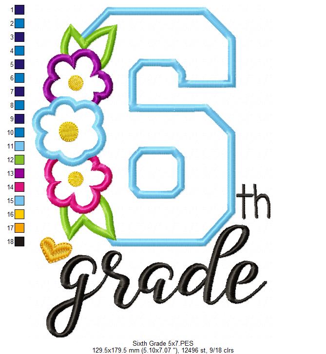Sixth Grade Flowers - Appliqué - Machine Embroidery Design