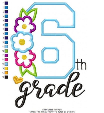 Sixth Grade Flowers - Appliqué - Machine Embroidery Design