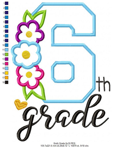 Sixth Grade Flowers - Appliqué - Machine Embroidery Design