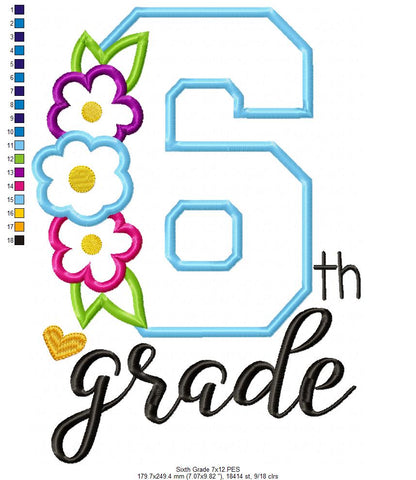 Sixth Grade Flowers - Appliqué - Machine Embroidery Design