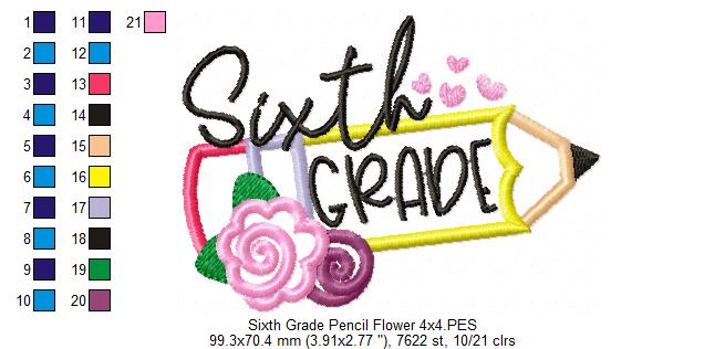 Sixth Grade Pencil and Flowers - Applique - Machine Embroidery Design