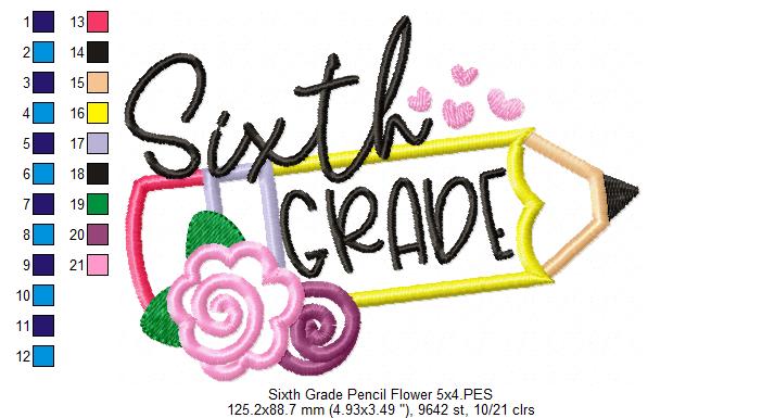 Sixth Grade Pencil and Flowers - Applique - Machine Embroidery Design