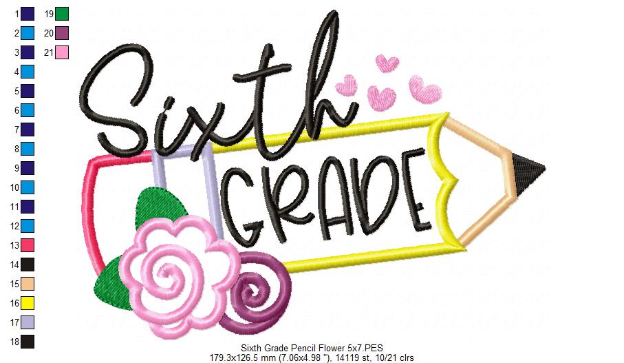 Sixth Grade Pencil and Flowers - Applique - Machine Embroidery Design