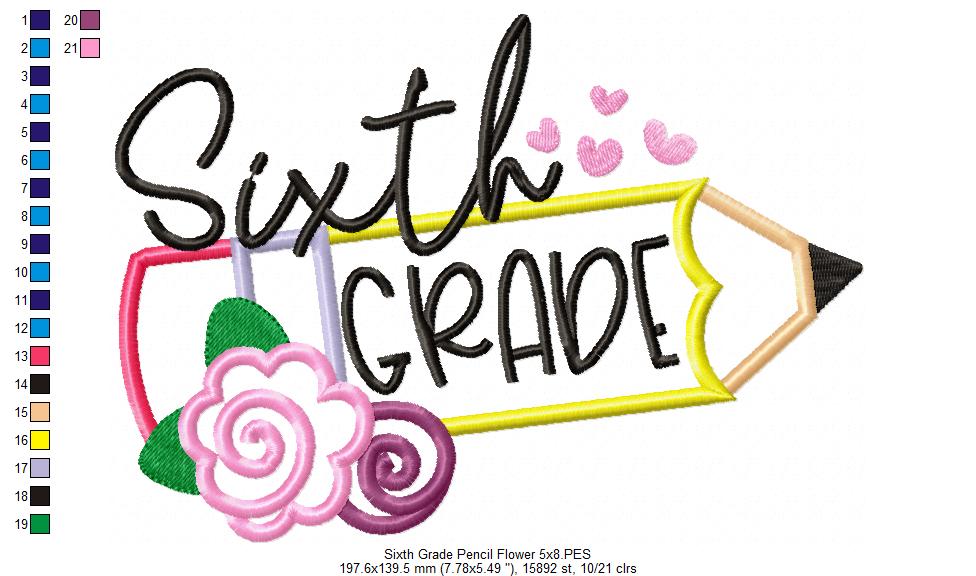 Sixth Grade Pencil and Flowers - Applique - Machine Embroidery Design