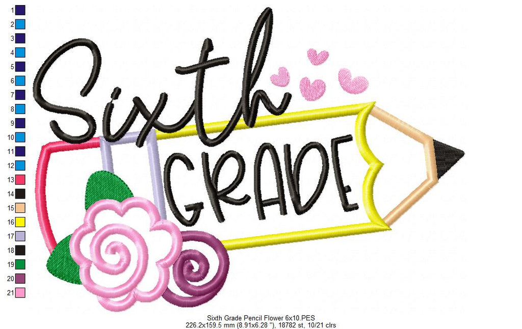 Sixth Grade Pencil and Flowers - Applique - Machine Embroidery Design