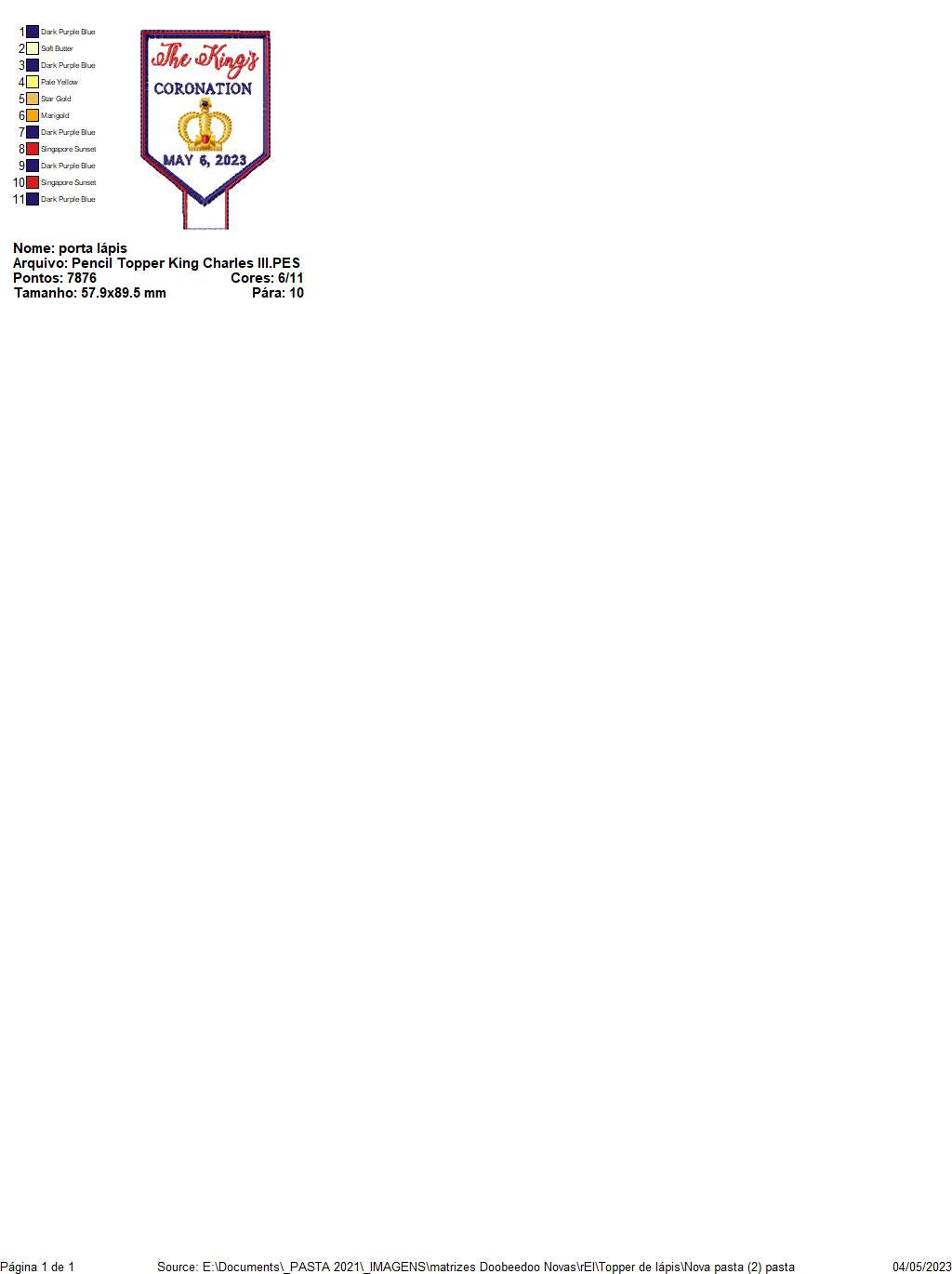 Pencil Topper King Charles III - ITH Project - Machine Embroidery Design