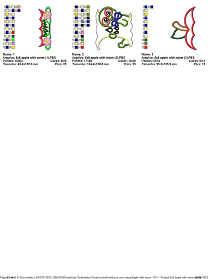 Apple With Worm Decoration for School - ITH Project - Machine Embroidery Design