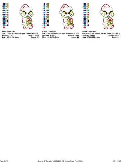 Christmas Grinch Stealing a Gift Paper Towel Holder Cover – ITH Project – Machine Embroidery Design