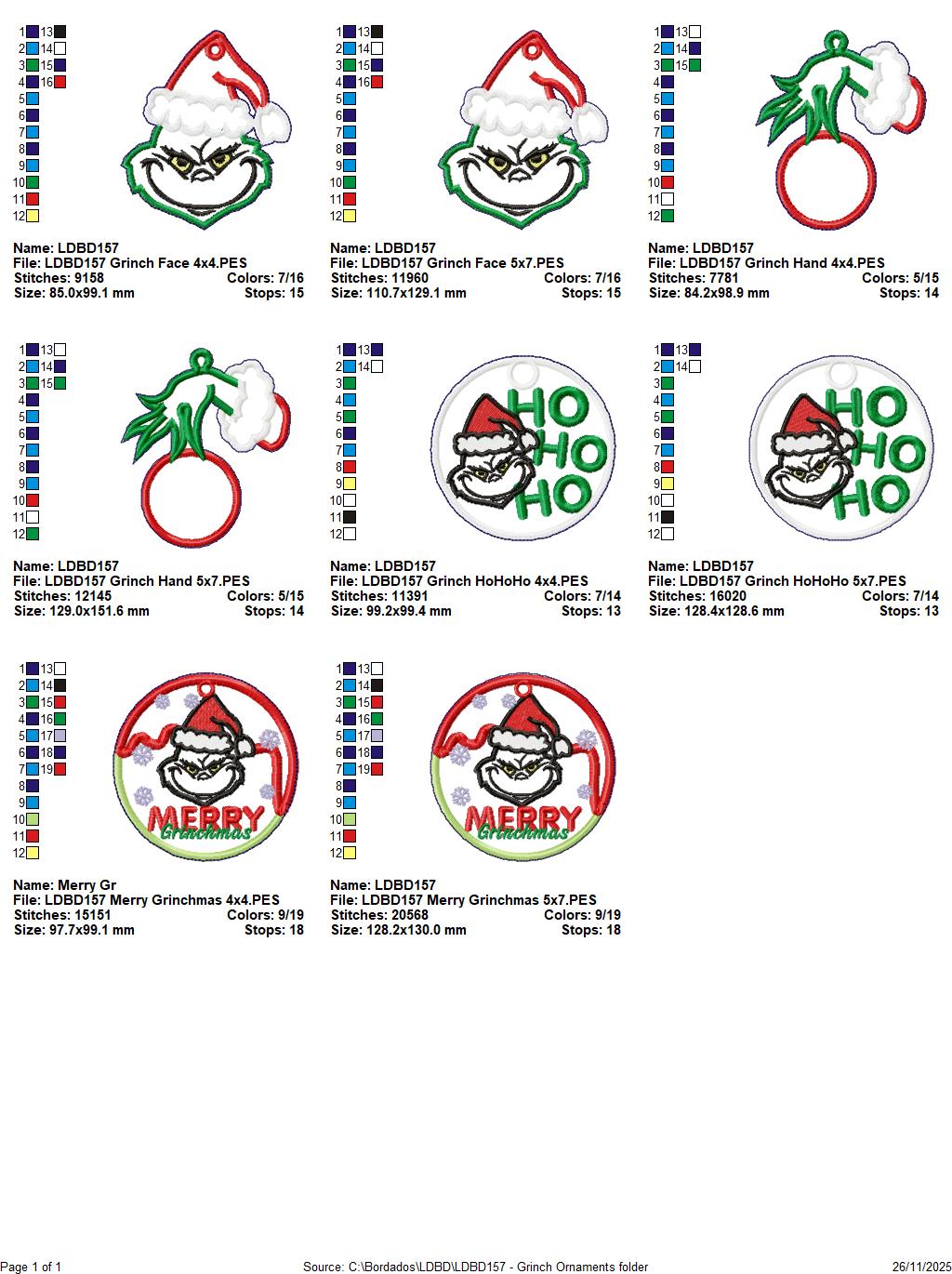 Christmas Grinch Ornaments - Set of 4 Designs – ITH Project – Machine Embroidery Design