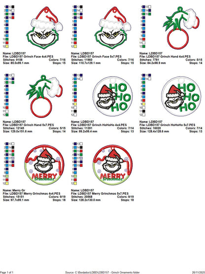 Christmas Grinch Ornaments - Set of 4 Designs – ITH Project – Machine Embroidery Design