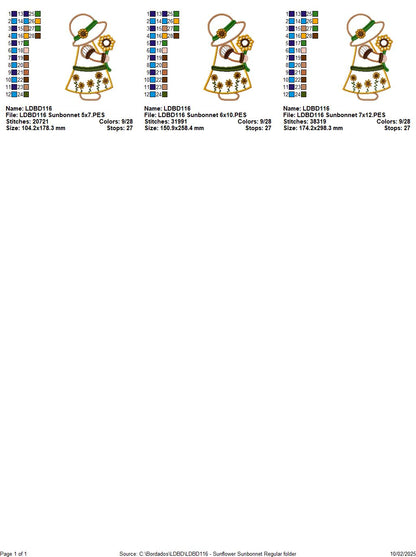 Sunflower Sunbonnet - Applique Embroidery