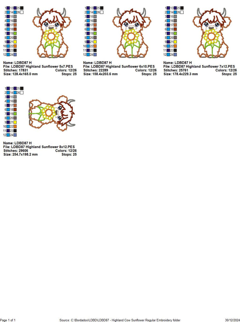 Highland Cow Sunflower - Applique - Machine Embroidery Design