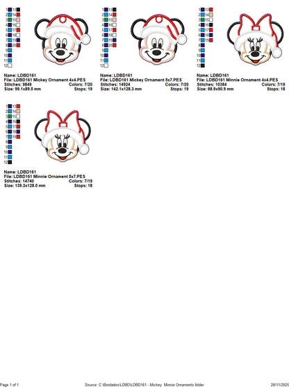 Cute Christmas Mouse Mickey and Minnie Ornaments – ITH Project – Machine Embroidery Design