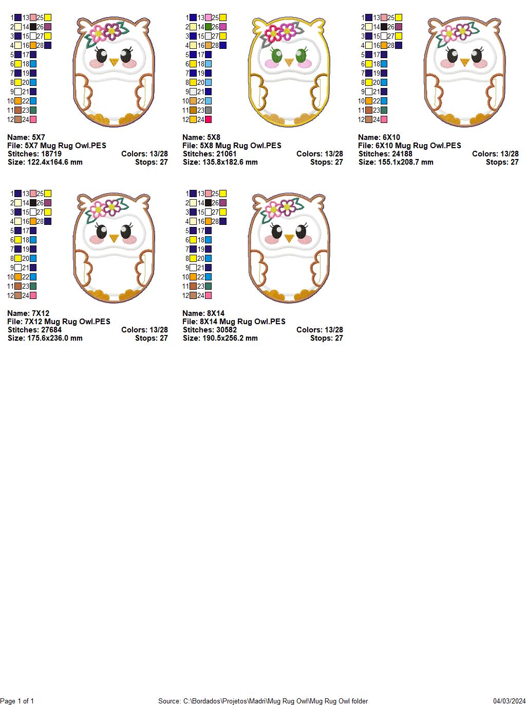 Owl Mug Rug - ITH Project - Machine Embroidery Design