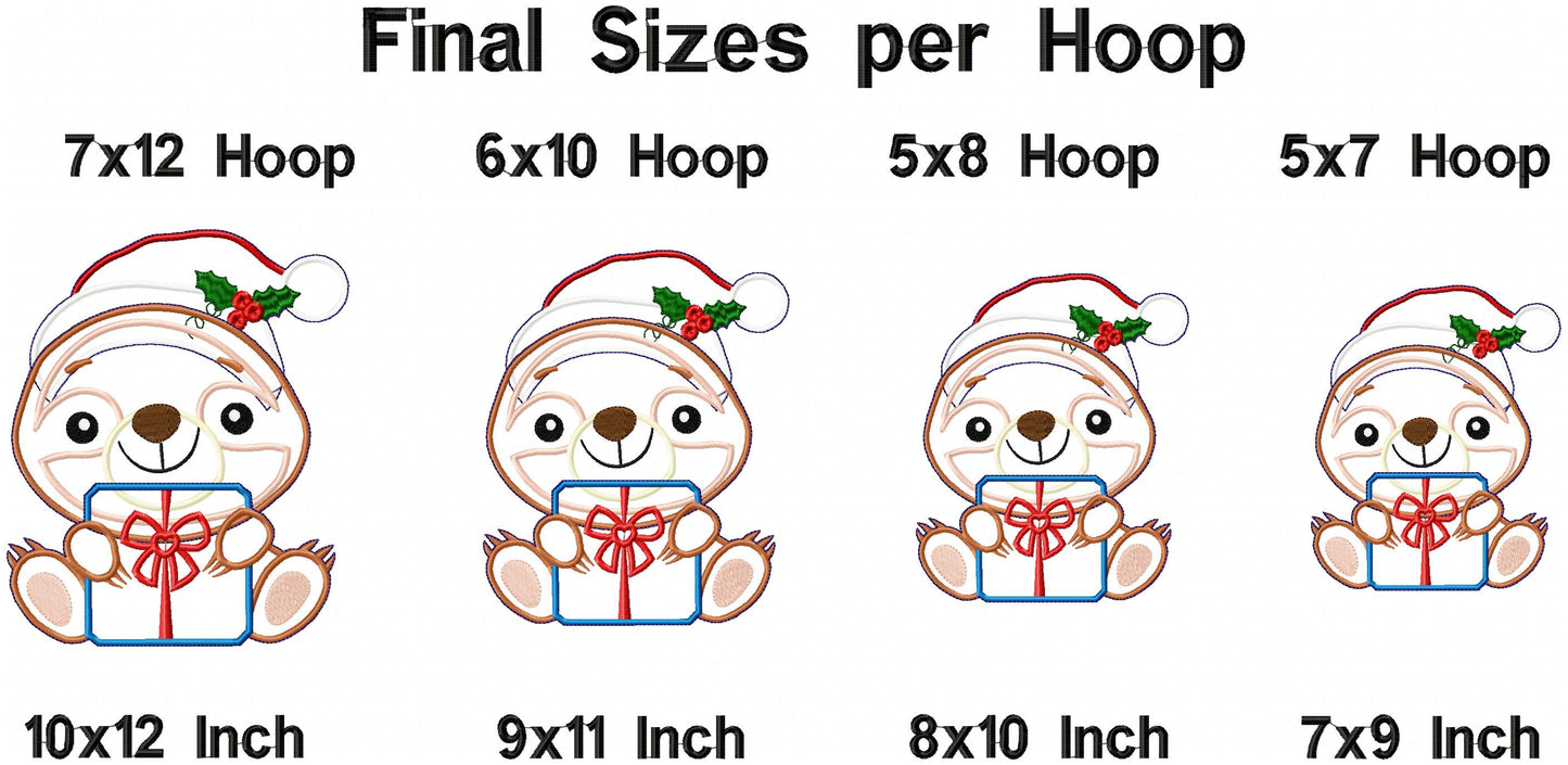 Christmas Sloth Holding a Gift - ITH Project - Machine Embroidery Design