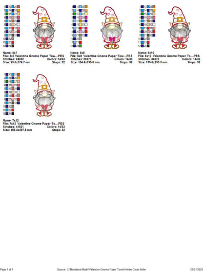 Gnome Valentine Paper Towel Holder Cover - ITH Project - Machine Embroidery Design