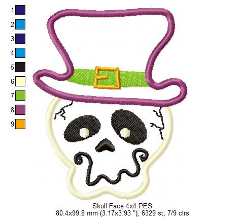 Halloween Face Skull  - Applique - Machine Embroidery Design