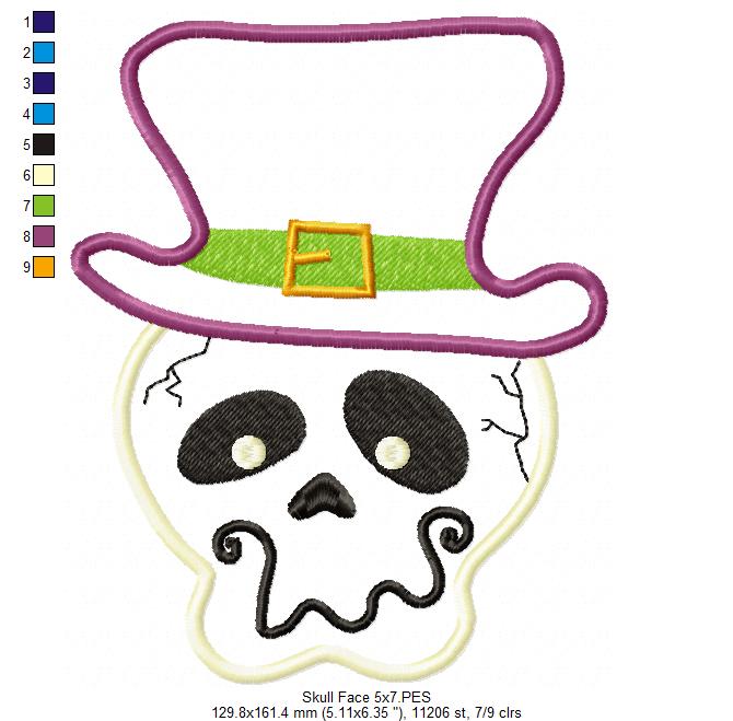 Halloween Face Skull  - Applique - Machine Embroidery Design