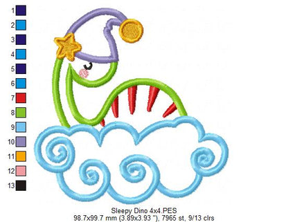 Sleepy Dinosaur on Cloud – Applique - Machine Embroidery Design